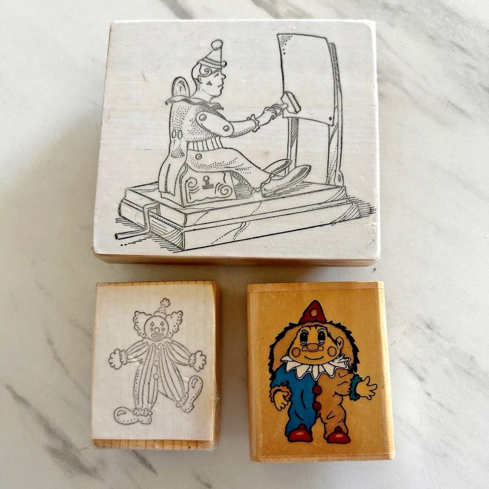Lot of 3 Wooden Rubber Stamps Norfin Troll Clown Tin Man Painting HHH
